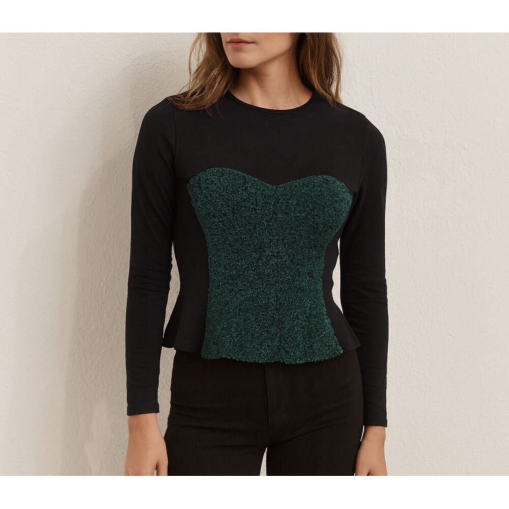 Toga Pulla Black Green Textured Top Japanese Designer Avant-Garde, Size 1(XS)